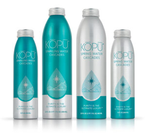 KOPU artesian spring and sparkling water in 12oz and 23oz aluminum cans.